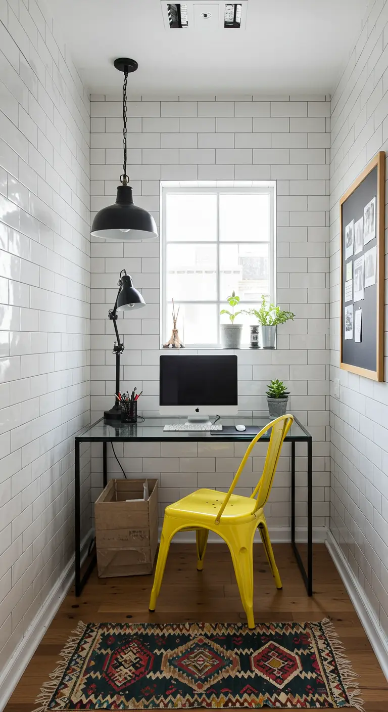 Oficina estrecha con paredes de azulejo blanco y una silla amarilla brillante.