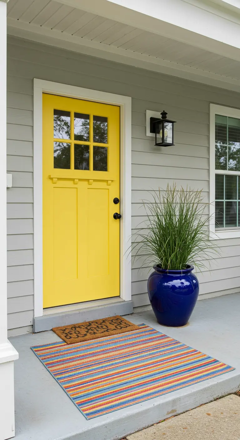 Puerta de entrada de un amarillo brillante con un gran macetero azul y una alfombra de rayas de colores.