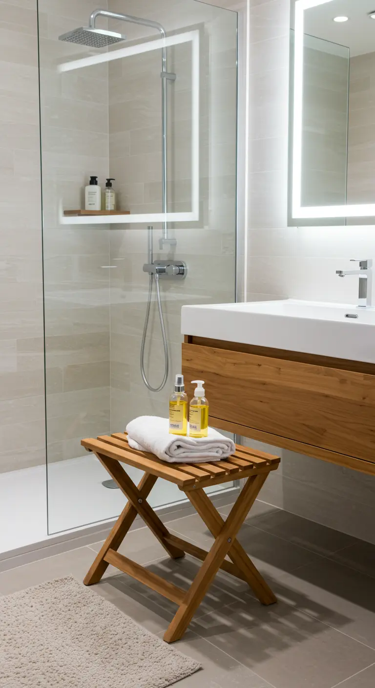 Taburete plegable de bambú en un baño moderno con ducha de cristal.