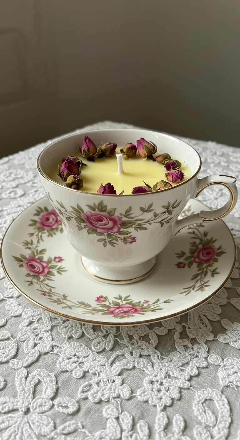 Vela de cera de abeja en una taza de té de porcelana antigua con estampado floral, decorada con rosas secas.