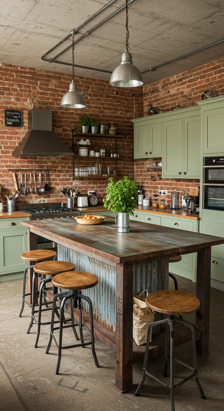 Cocina industrial con armarios de color verde salvia, pared de ladrillo y una isla de metal.