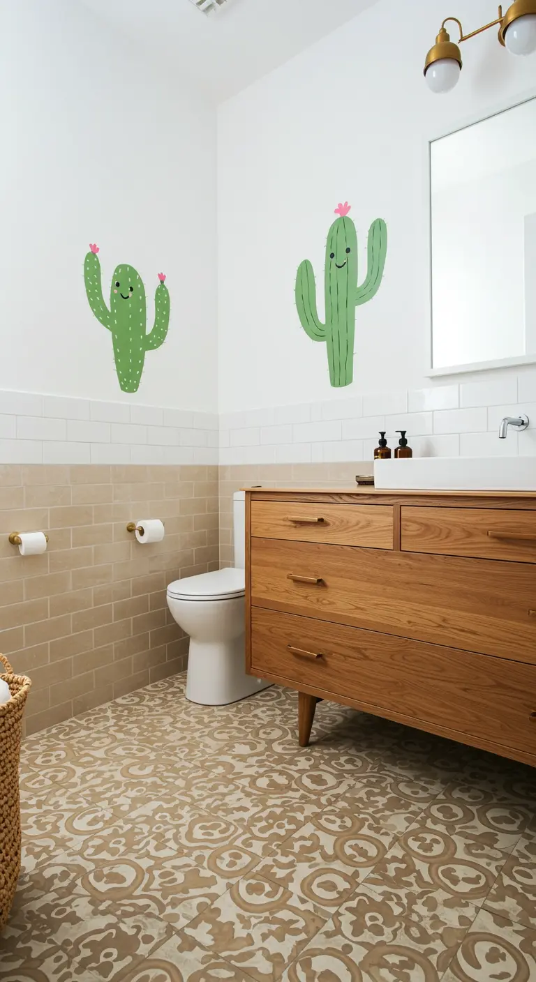 Baño con azulejos beige y vinilos de pared de cactus sonrientes.