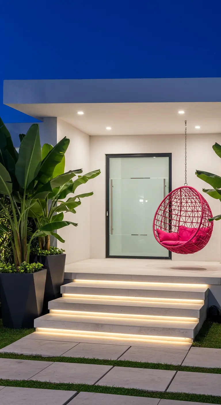 Entrada moderna con escalones iluminados, silla colgante fucsia y grandes plantas tropicales.