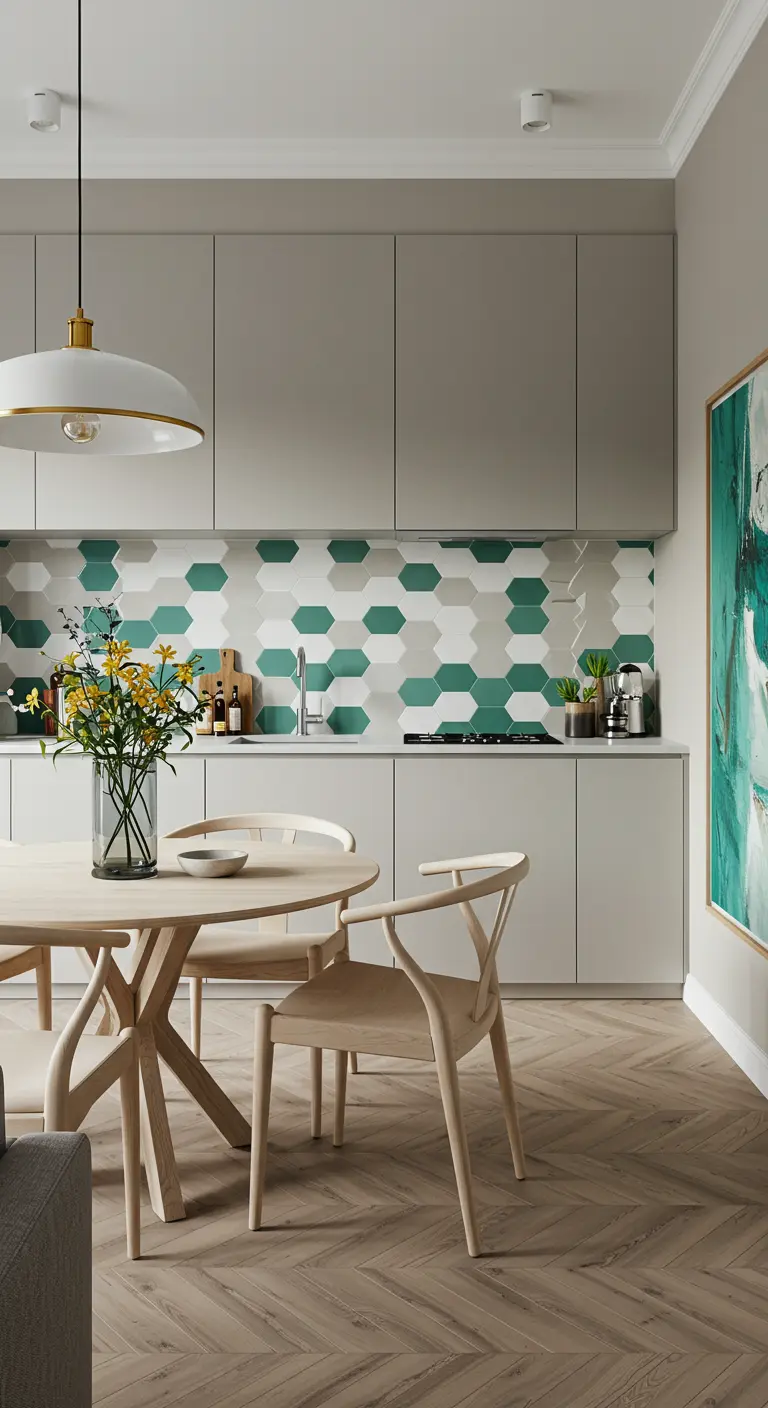 Cocina moderna con salpicadero de azulejos hexagonales blancos y verdes y muebles de madera clara.