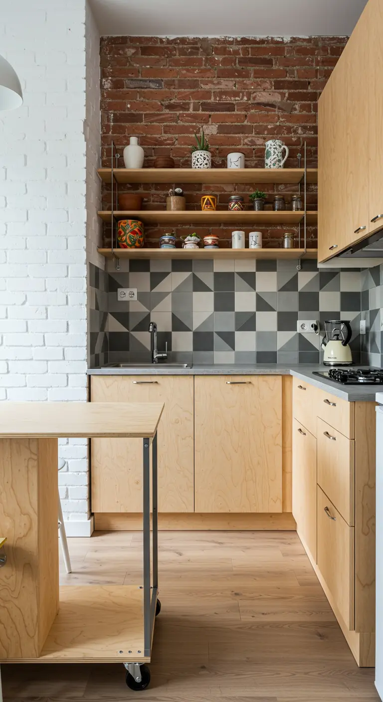 Cocina de estilo industrial con pared de ladrillo, azulejos geométricos y muebles de madera contrachapada.
