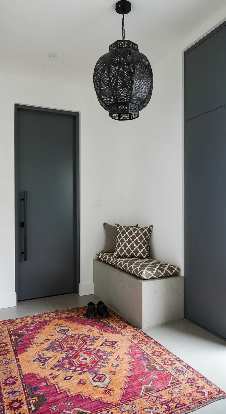 Entrada moderna con un gran farol negro colgante, banco de cemento y una vibrante alfombra marroquí