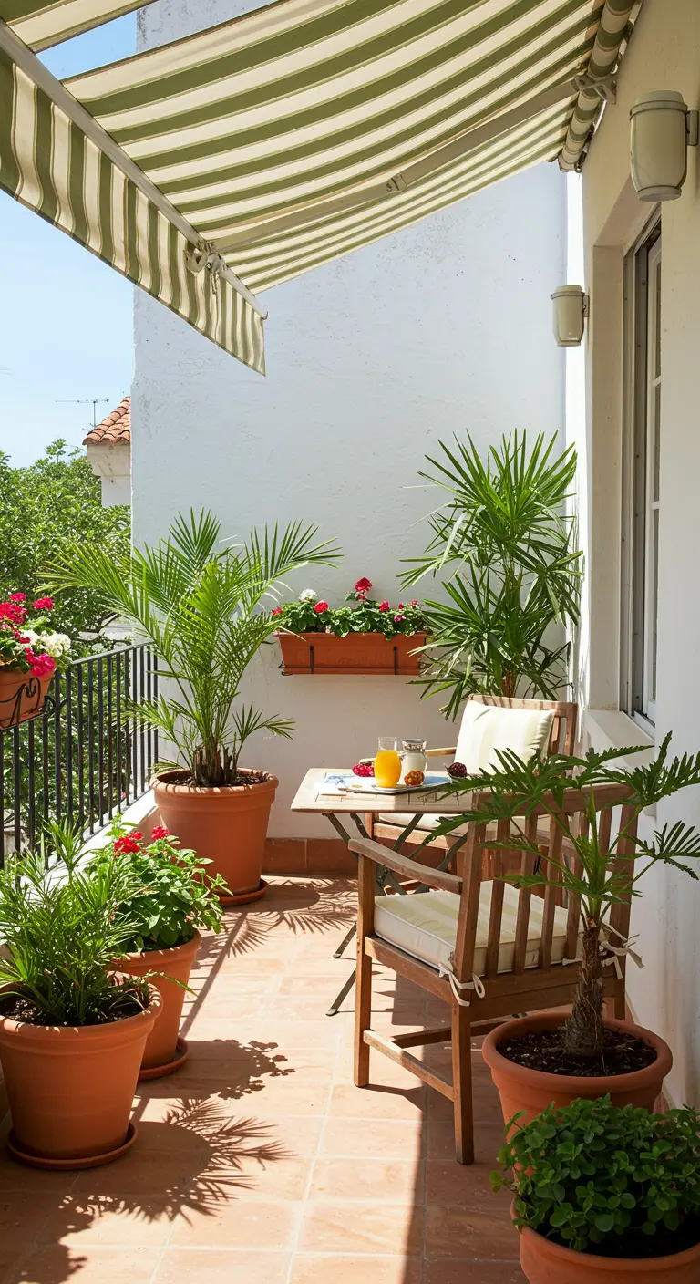 Balcón soleado con toldo de rayas, suelo de terracota y plantas en macetas de barro junto a una mesita.