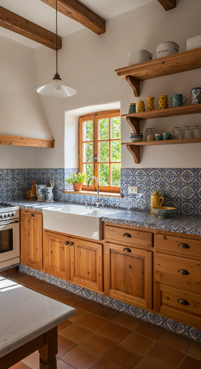 Cocina rústica con azulejos hidráulicos azules y blancos, gabinetes de madera y vigas en el techo.