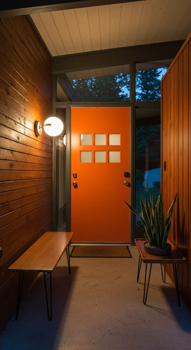 Entrada de estilo Mid-Century Modern con puerta naranja, banco de madera y paredes de listones.