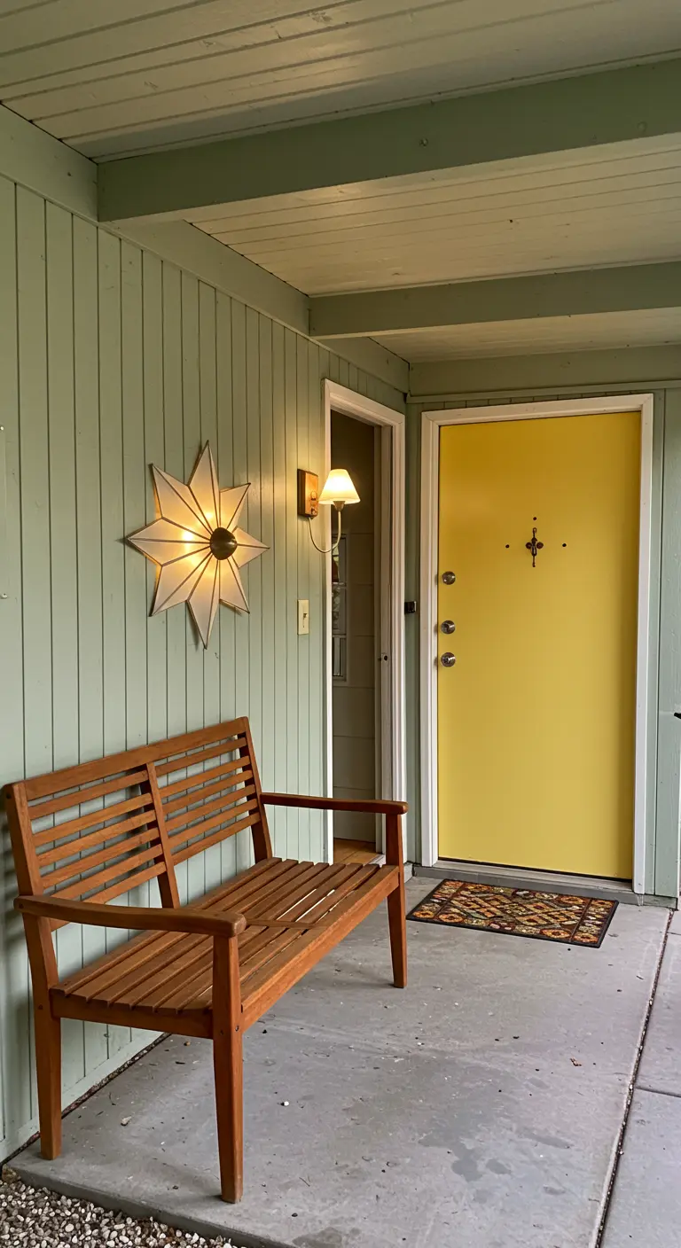 Entrada de estilo Mid-Century Modern con una puerta amarilla, un banco de teca y un aplique en forma de estrella.