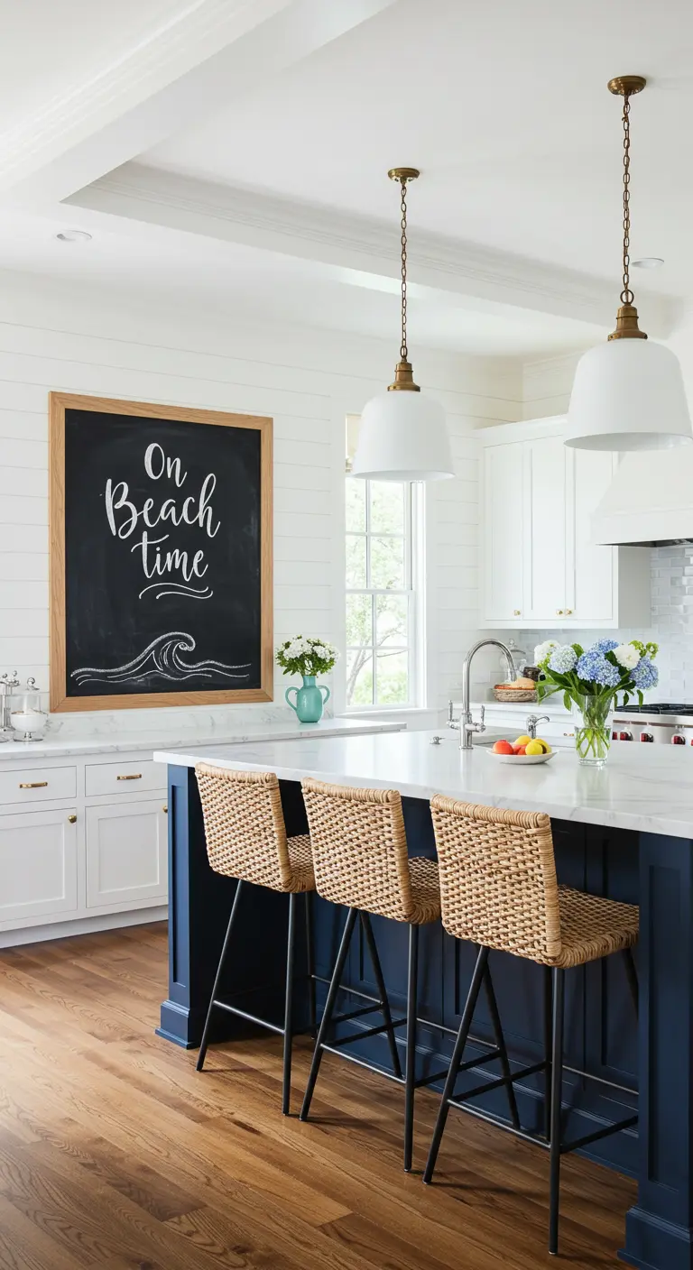 Cocina costera blanca y azul con una gran pizarra enmarcada en madera que dice 'On Beach time'.
