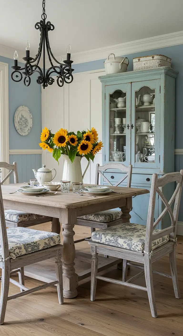 Comedor estilo provenzal con pared pintada en azul claro sobre paneles de madera blancos.