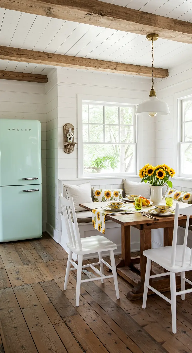 Cocina farmhouse con paredes de lamas blancas, nevera retro verde menta y decoración con girasoles.
