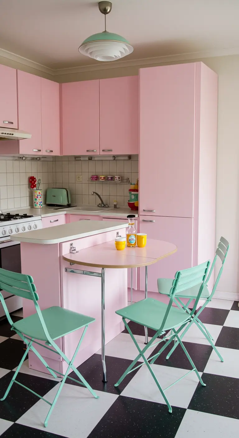 Cocina rosa de estilo retro con mesa redonda plegable y sillas de metal color menta.
