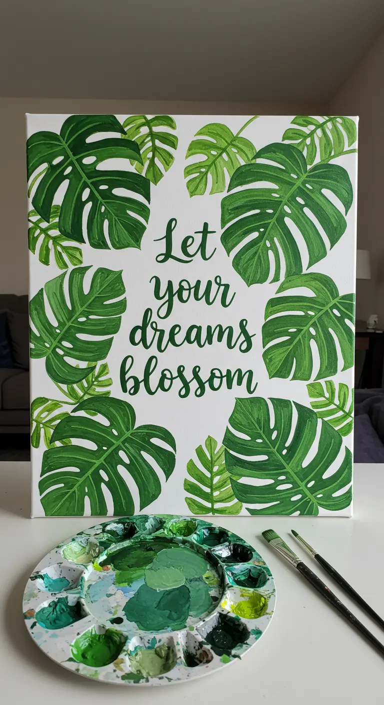 Lienzo blanco con hojas de monstera pintadas y la frase 'Let your dreams blossom'.