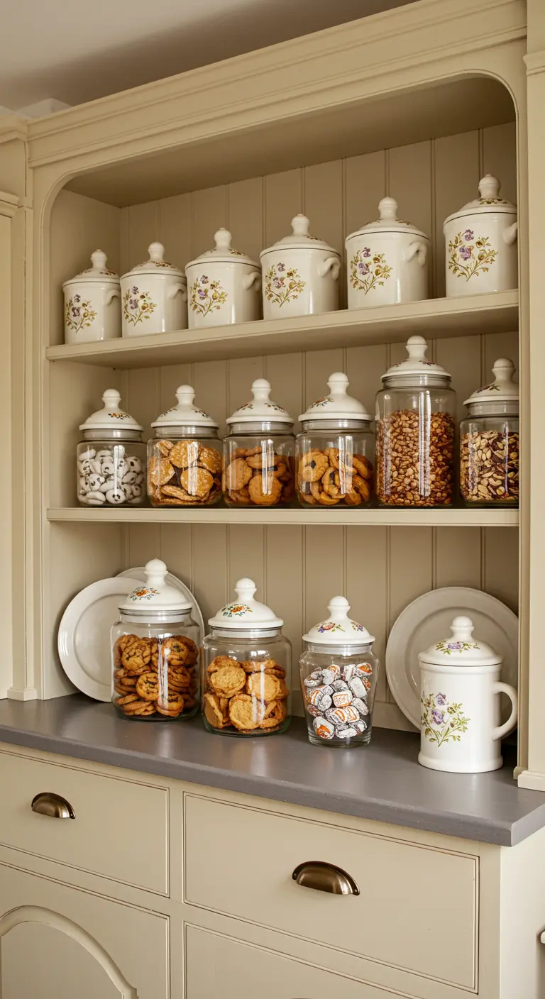 Estantería de cocina de estilo campestre con una mezcla de frascos de cerámica floral y frascos de vidrio.