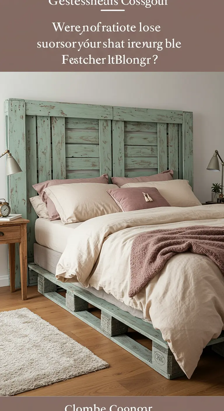 Cama y cabecero de palets pintados en verde menta con un acabado desgastado.