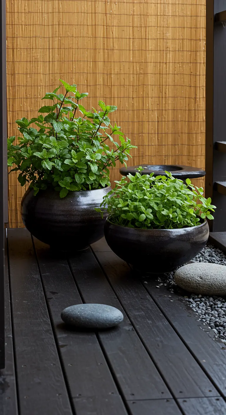 Balcón de estilo zen con macetas de cerámica negra, suelo de madera oscura y fondo de bambú.