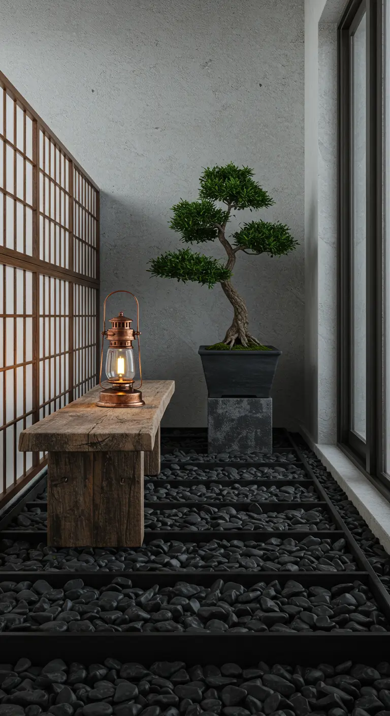 Rincón zen en balcón industrial con suelo de grava, banco de madera rústica y un bonsái.
