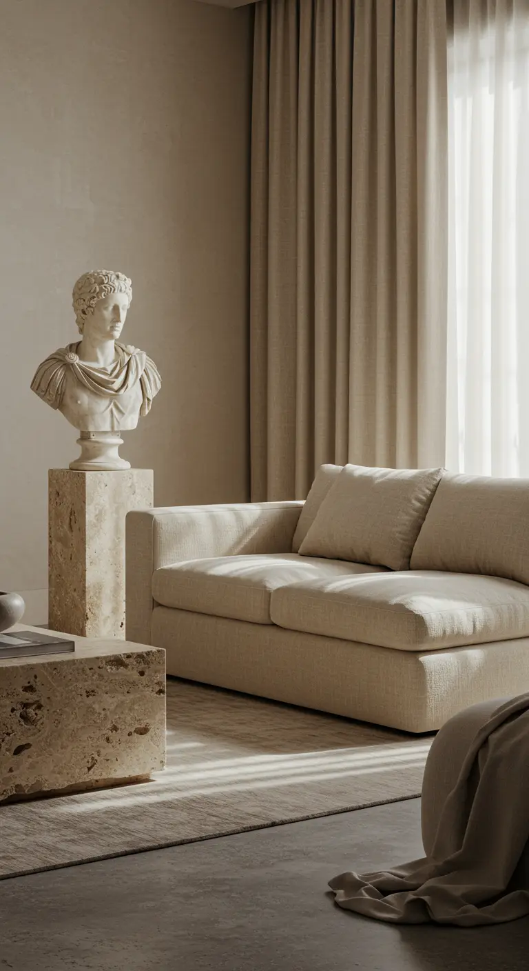 Sala de estar minimalista y elegante con un busto de estilo clásico sobre un pedestal de travertino.