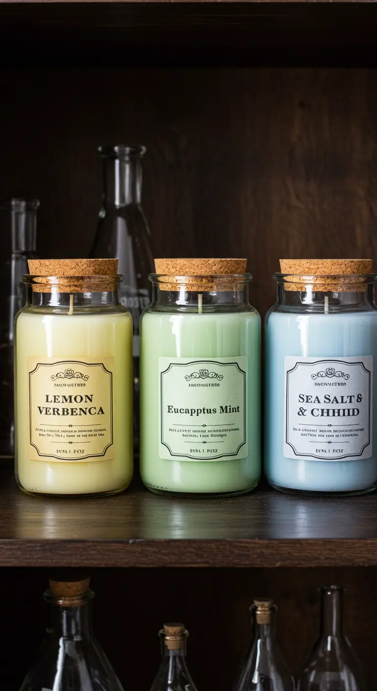 Tres velas en frascos de vidrio con tapas de corcho y etiquetas de verbena, eucalipto y sal marina.