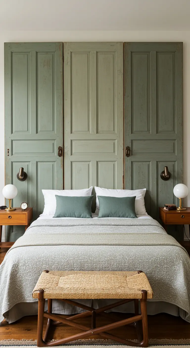 Cabecero de cama formado por tres puertas de madera pintadas en un suave color verde salvia.