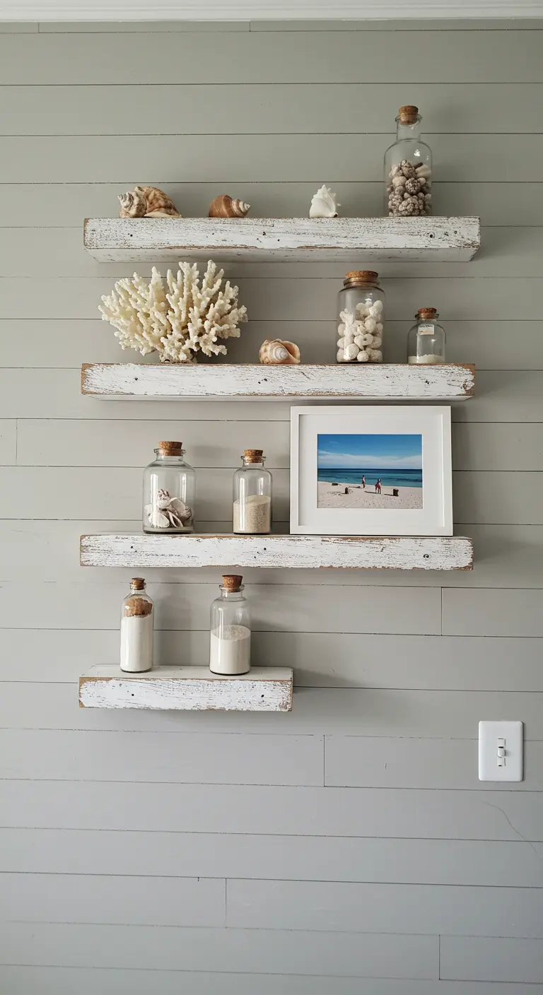 Repisas de madera envejecida blanca con conchas, corales y decoración playera.