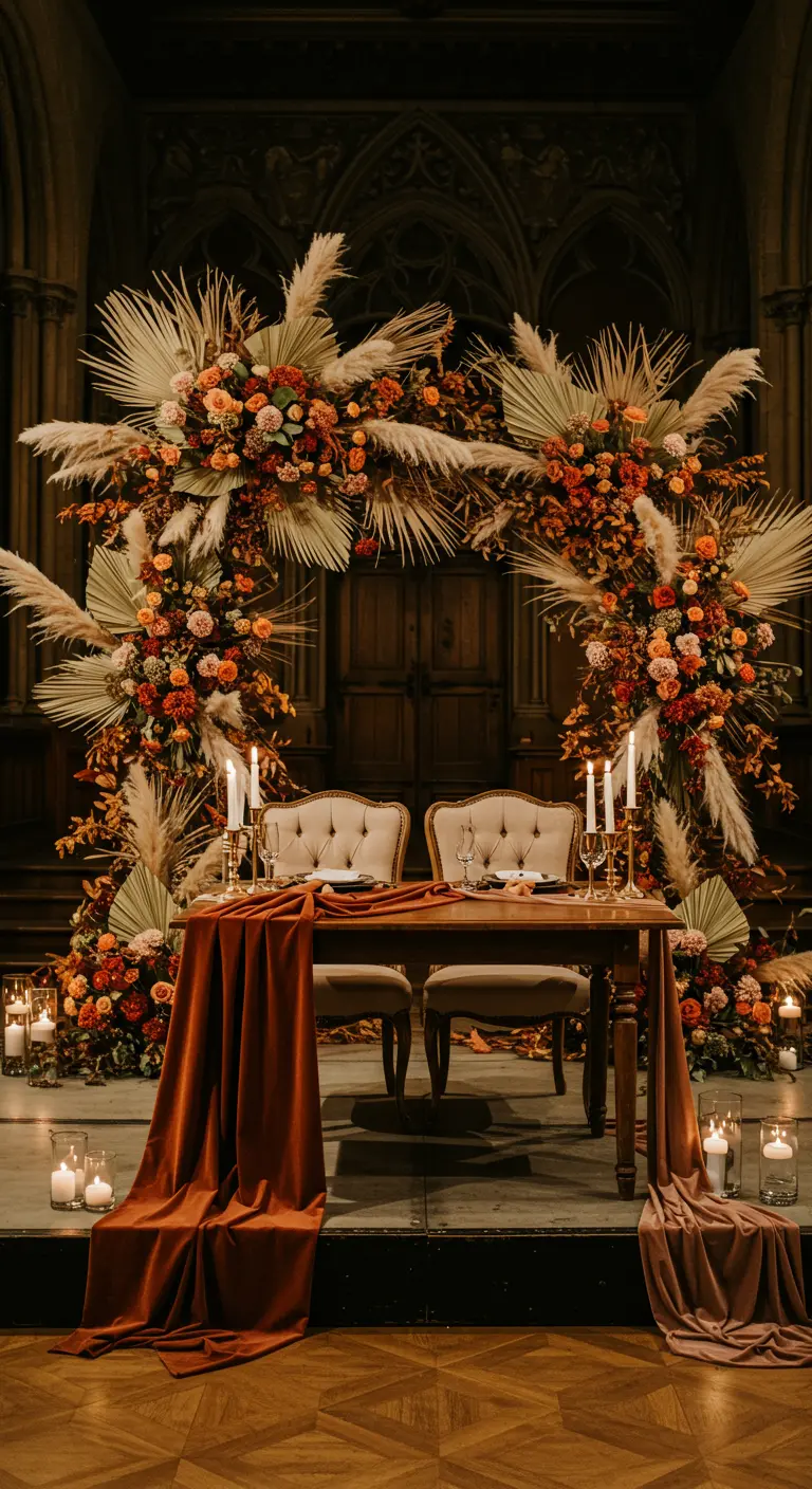 Mesa para los novios frente a un gran arco floral otoñal y rodeada de velas.