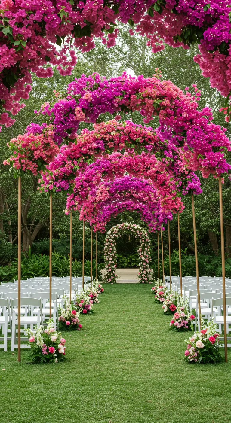 Pasillo de ceremonia formado por múltiples arcos cubiertos de buganvillas en tonos rosa y fucsia.