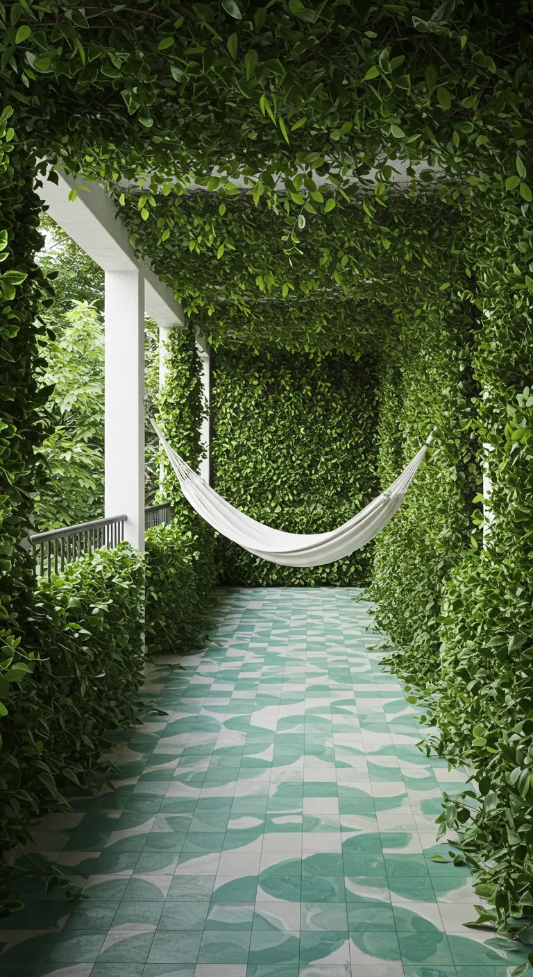 Terraza completamente cubierta por enredaderas verdes en paredes y techo, con una hamaca blanca y suelo de baldosas.