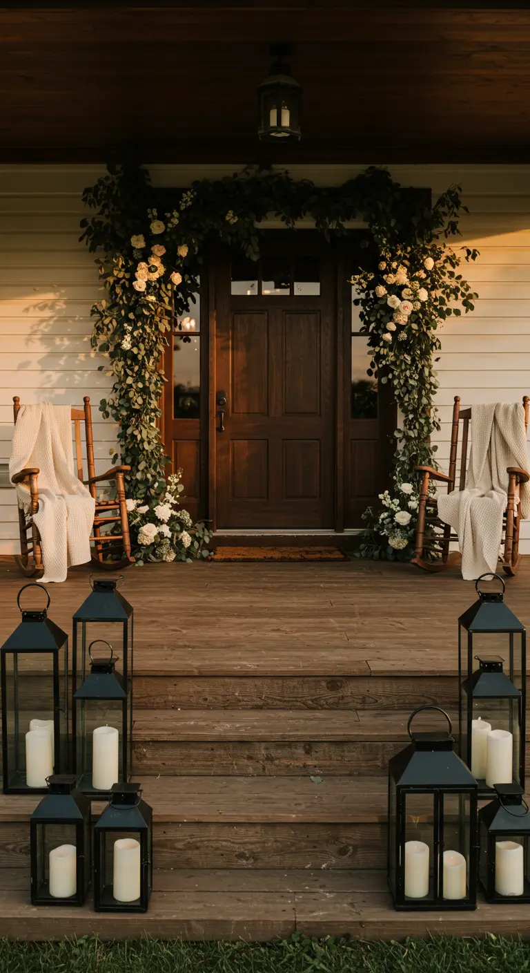 Entrada de porche rústico decorado con un arco de flores blancas y farolillos con velas en el suelo.