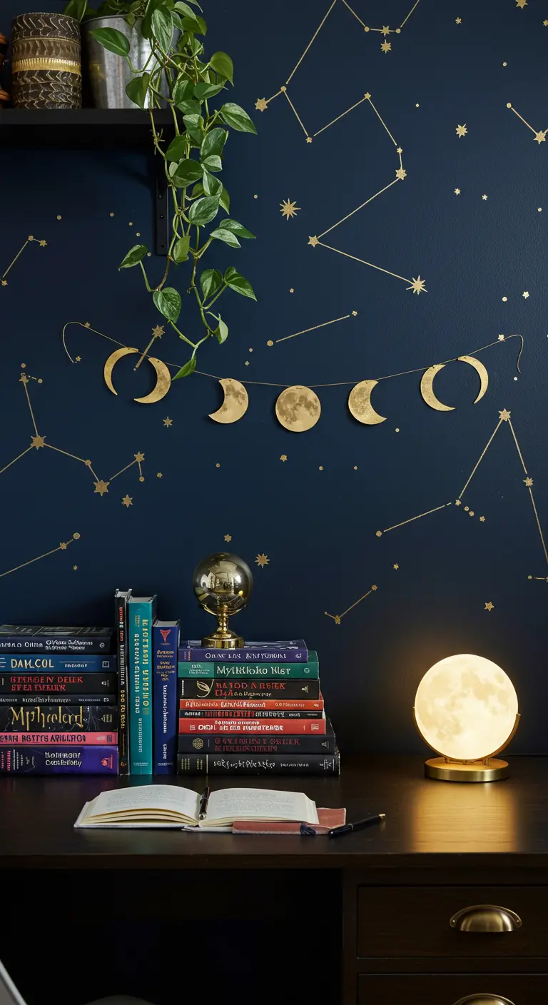 Escritorio con fondo de pared azul oscuro con constelaciones doradas y una lámpara de luna.