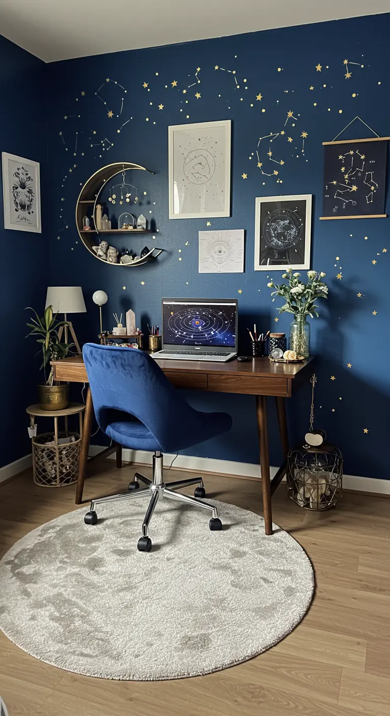 Rincón de trabajo con temática celestial, pared azul con estrellas y estantería en forma de luna.
