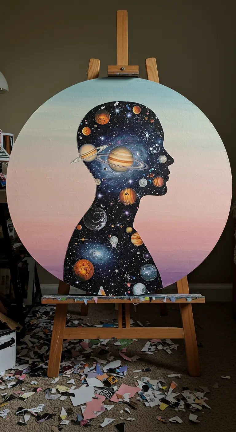 Collage de una galaxia dentro de la silueta de un perfil humano, sobre un lienzo circular.