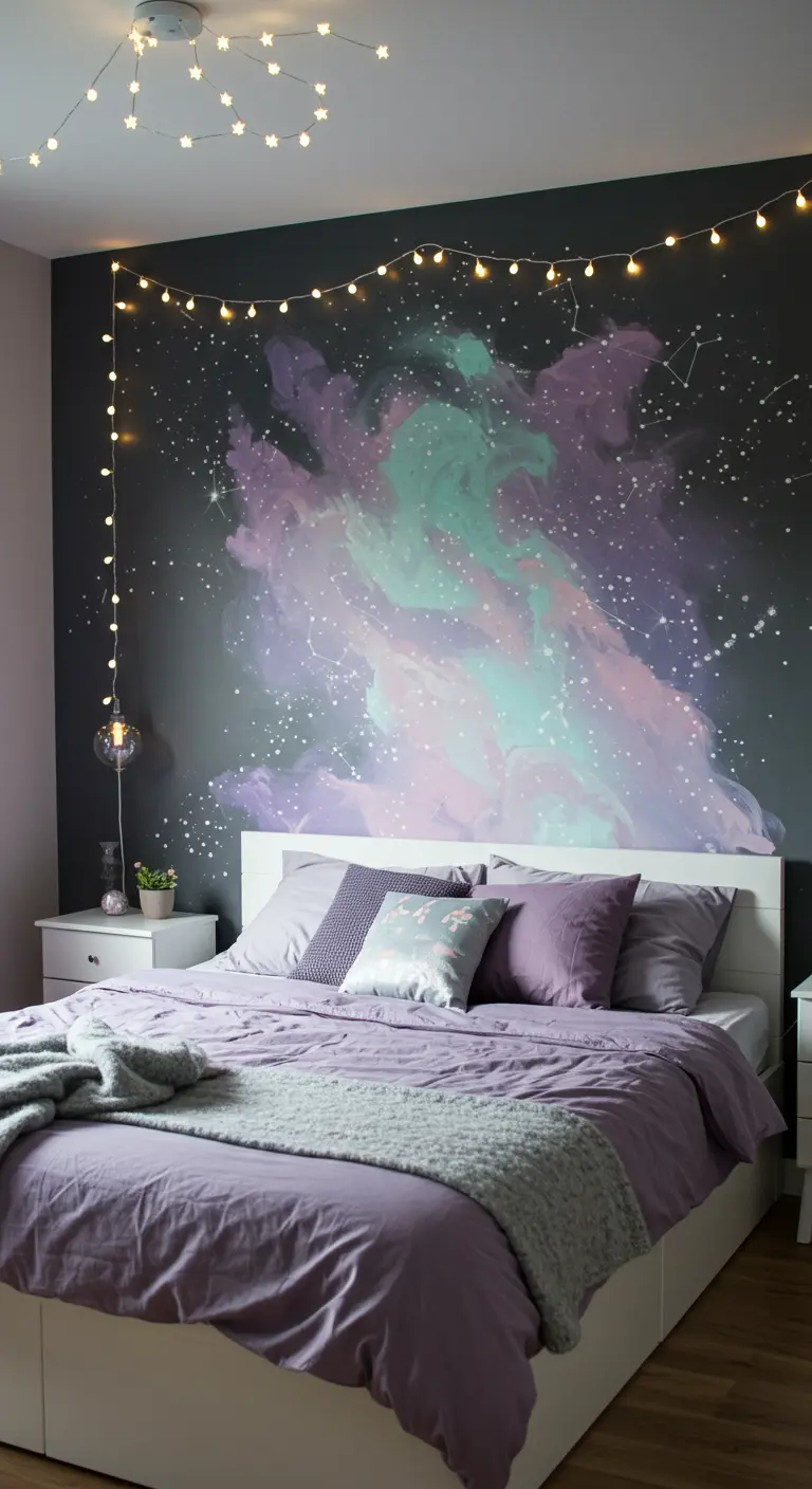 Dormitorio con un mural de una galaxia en tonos pastel y guirnaldas de luces cálidas.