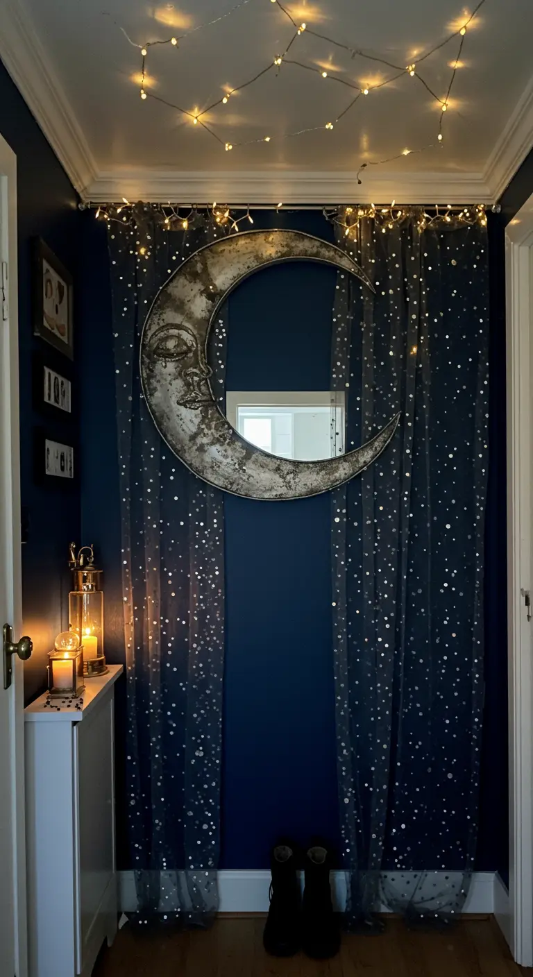 Entrada temática celestial con pared azul, cortina de estrellas, luces y un espejo en forma de luna.