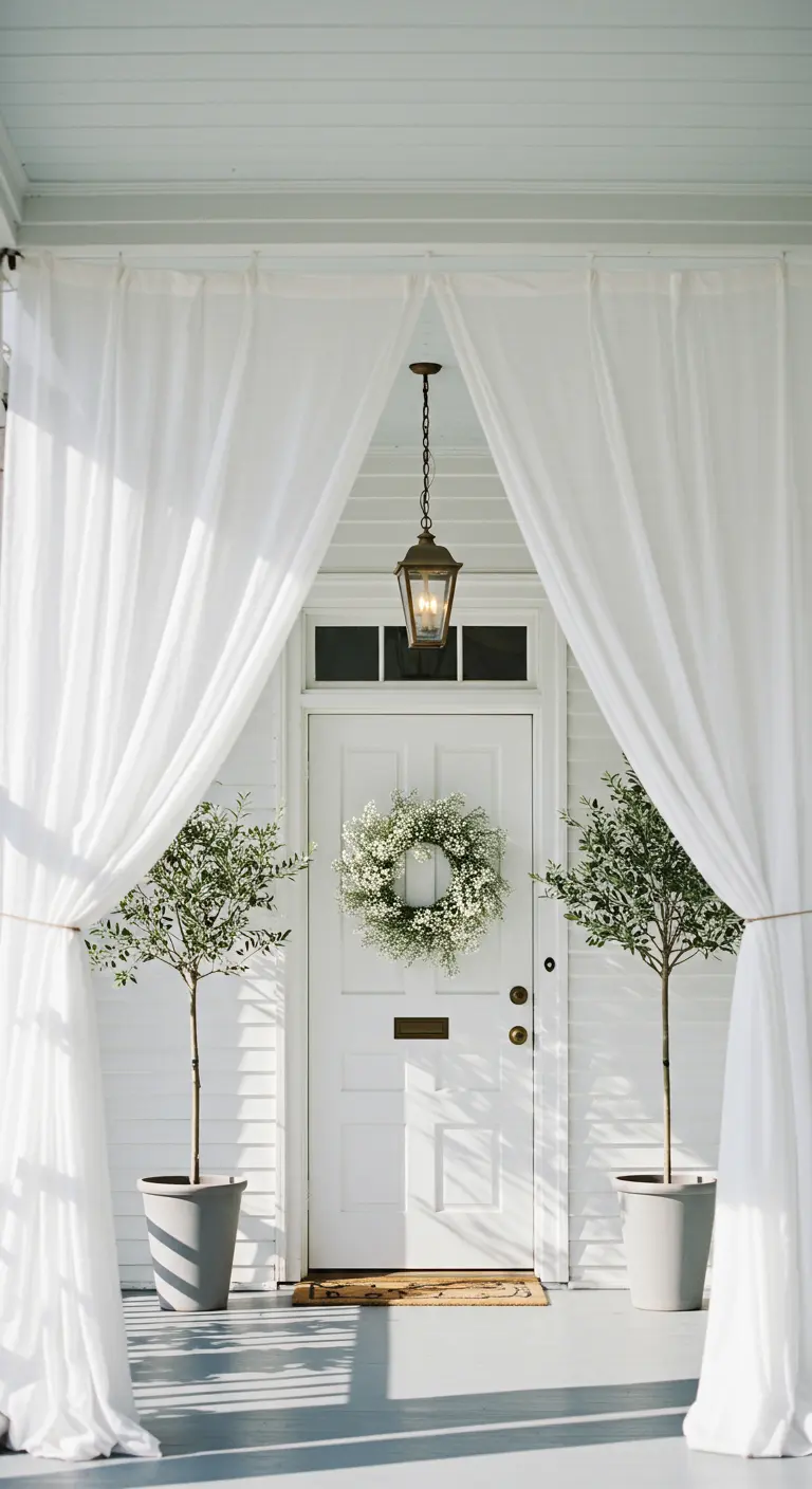Porche blanco con cortinas de gasa, una corona de paniculata y dos olivos en macetas.