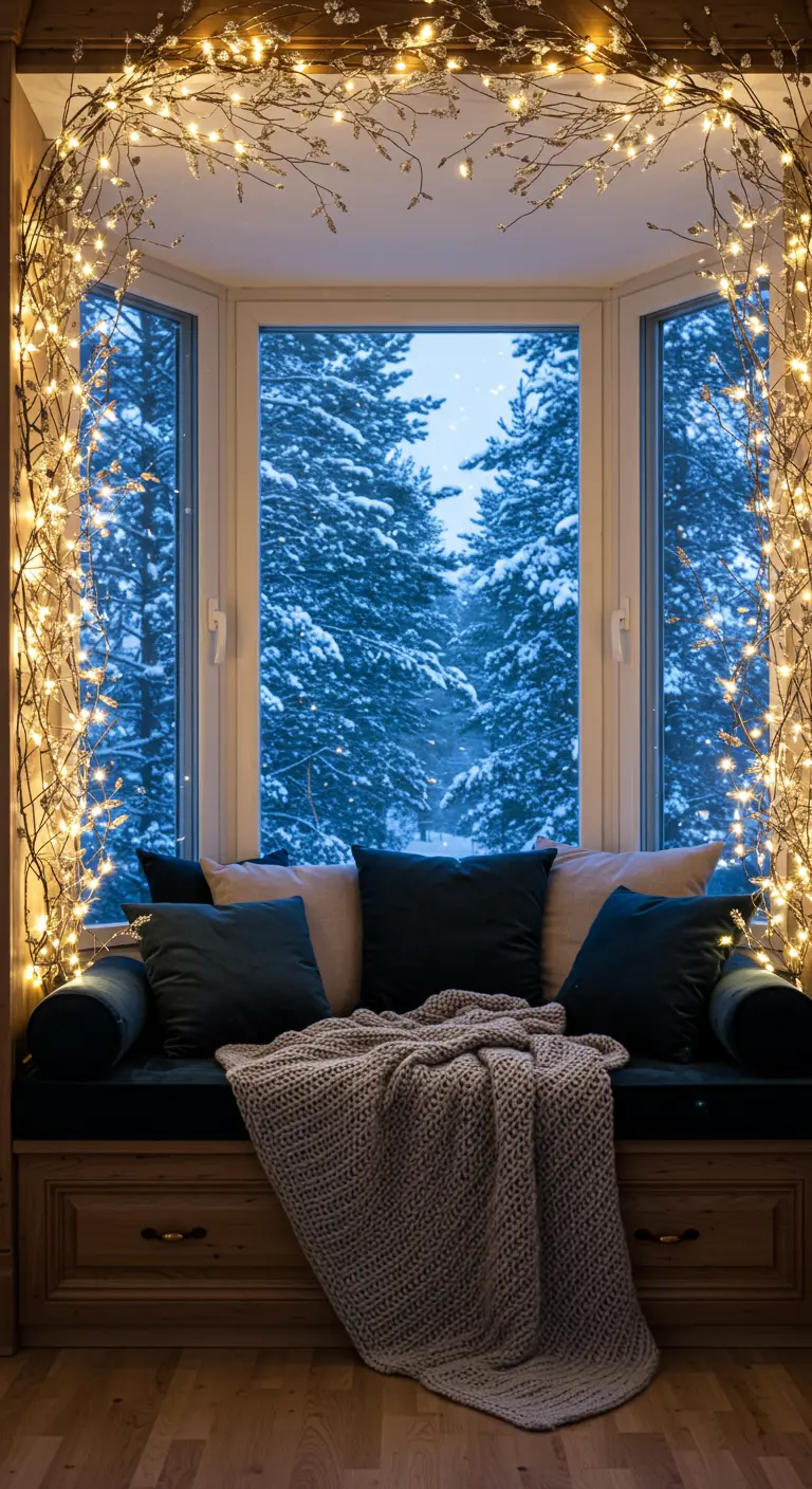 Asiento de ventana con cojines azules y una manta, enmarcado por densas guirnaldas de luces.