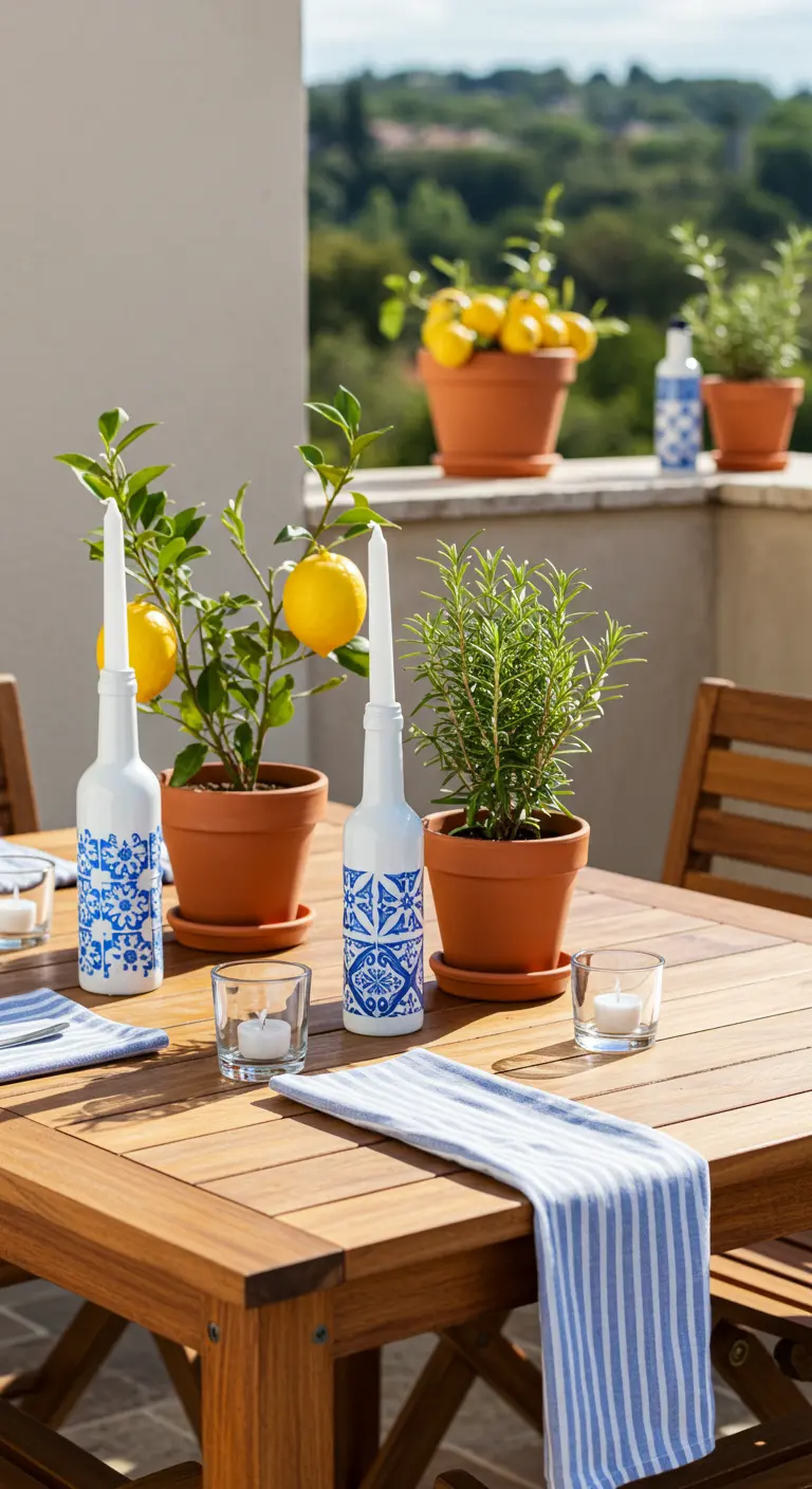 Portavelas de botella pintados con patrones de azulejos azules mediterráneos.