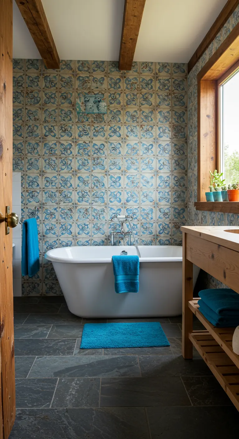 Baño rústico con una pared de azulejos portugueses en tonos azules, vigas de madera y bañera blanca.