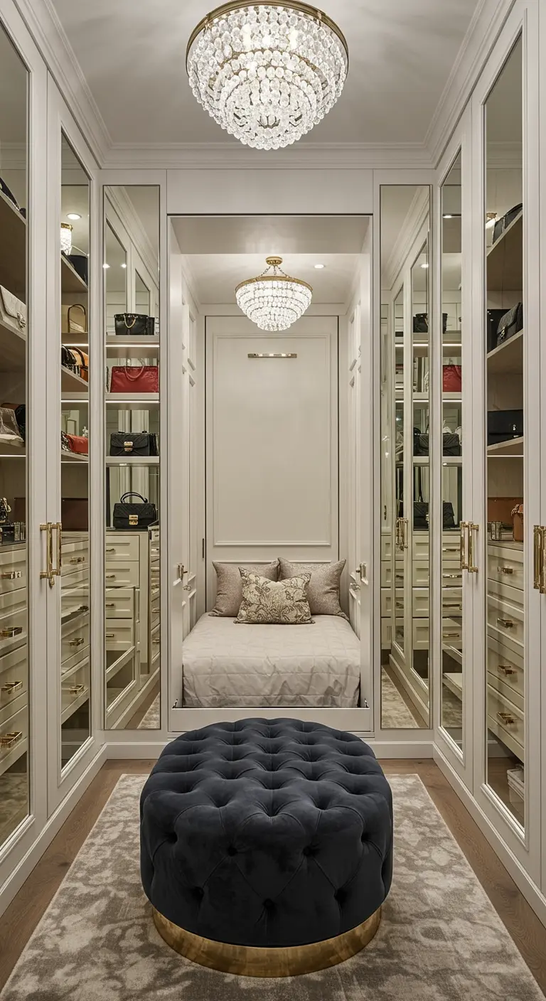 Cama abatible en un nicho dentro de un vestidor elegante con espejos.