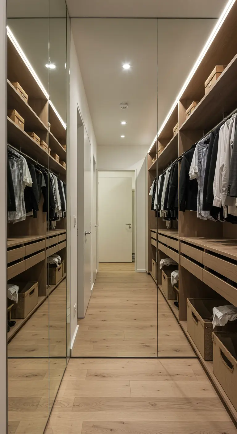 Vestidor estrecho con un espejo de pared a pared al fondo que crea una ilusión de amplitud
