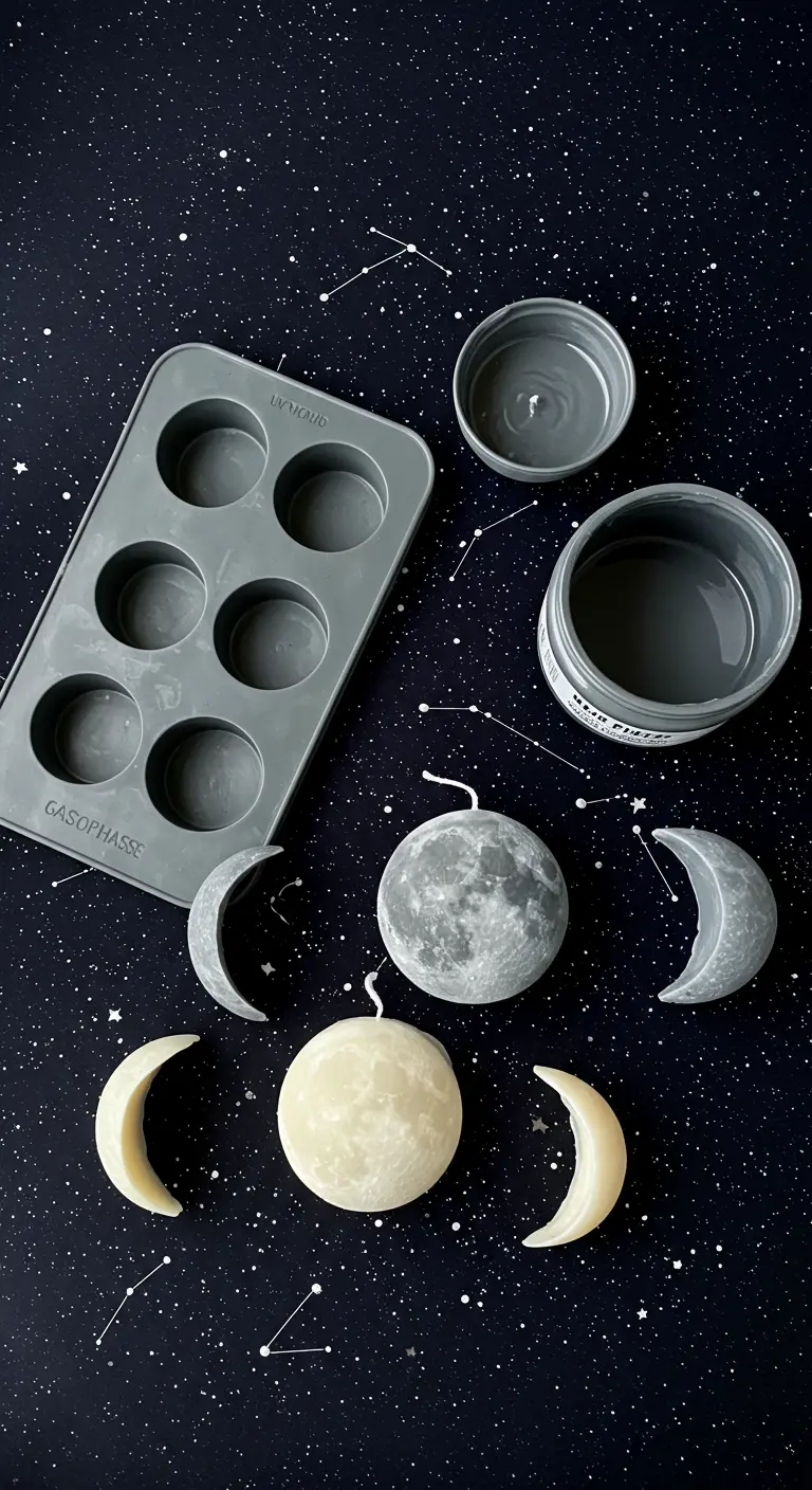 Velas caseras que representan las fases de la luna, en tonos grises y blancos sobre un fondo estrellado