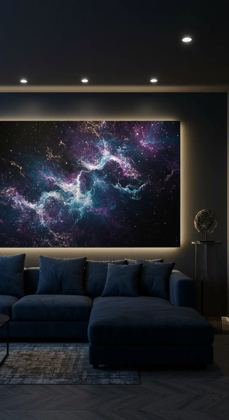 Tapiz de una nebulosa espacial con retroiluminación LED en una sala de estar moderna y oscura.