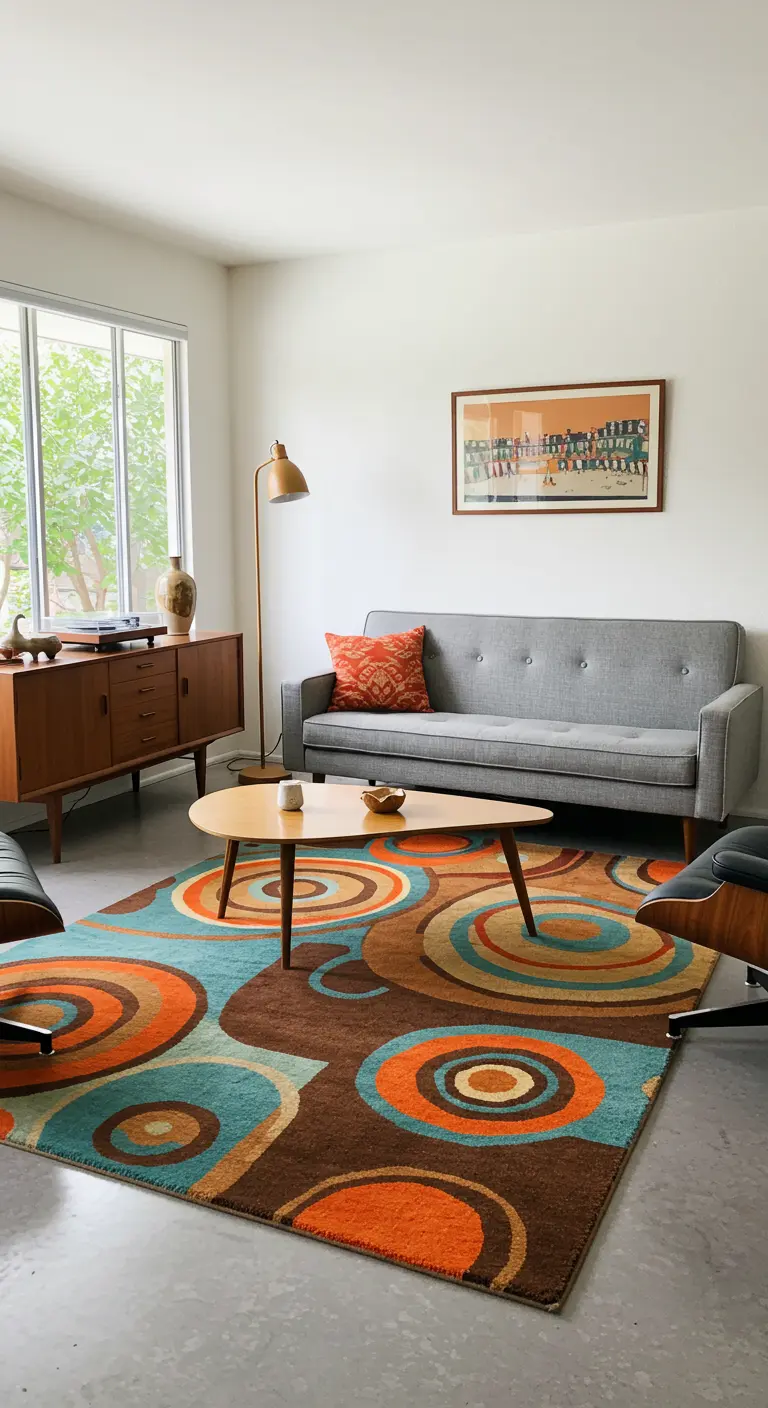 Sala de estar Mid-Century Modern con una colorida alfombra de círculos en tonos naranja, turquesa y marrón.