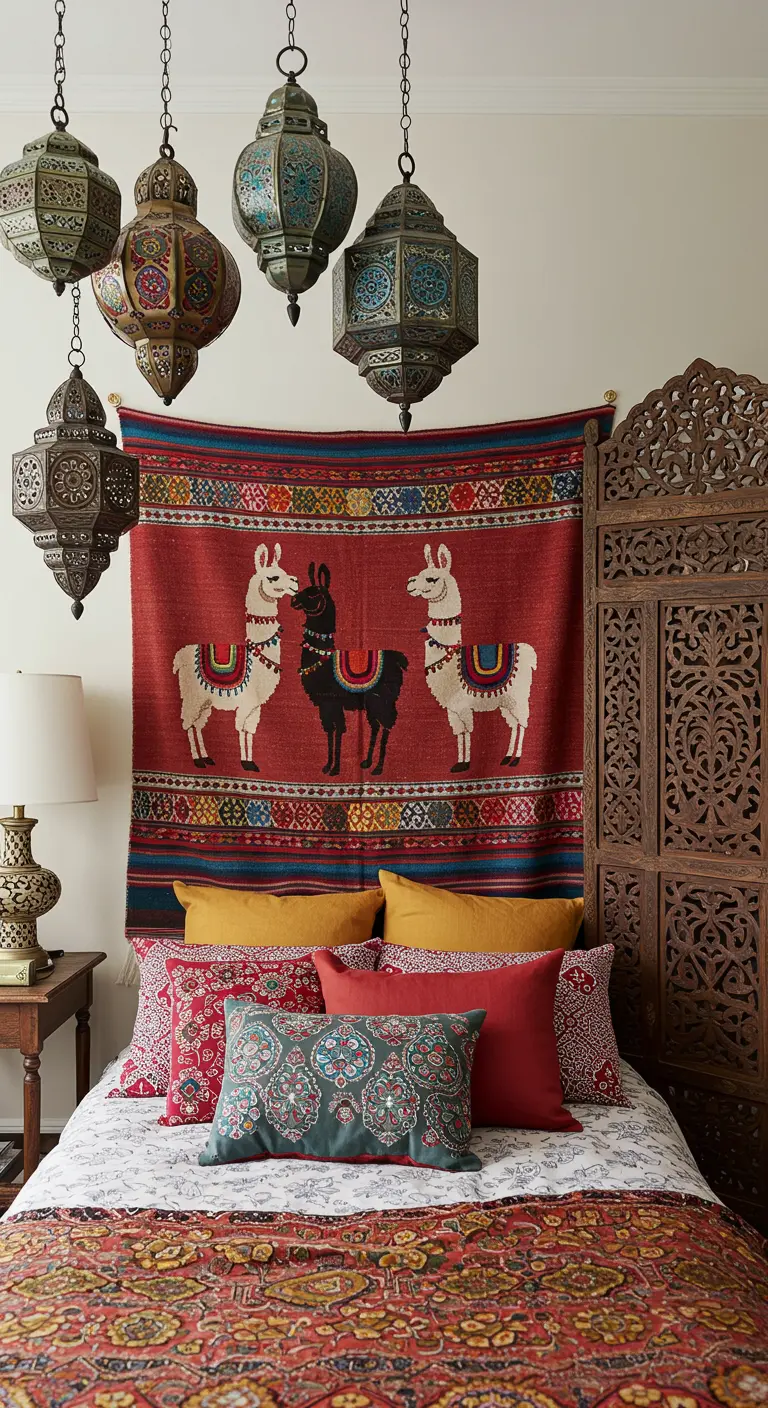Dormitorio ecléctico con un tapiz peruano de llamas y lámparas marroquíes colgantes.