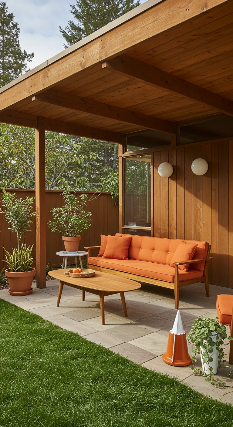 Patio Mid-Century Modern con pérgola de madera y sofá naranja.