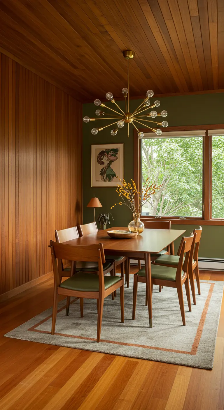Comedor Mid-Century Modern con techo y paredes de madera y lámpara Sputnik dorada