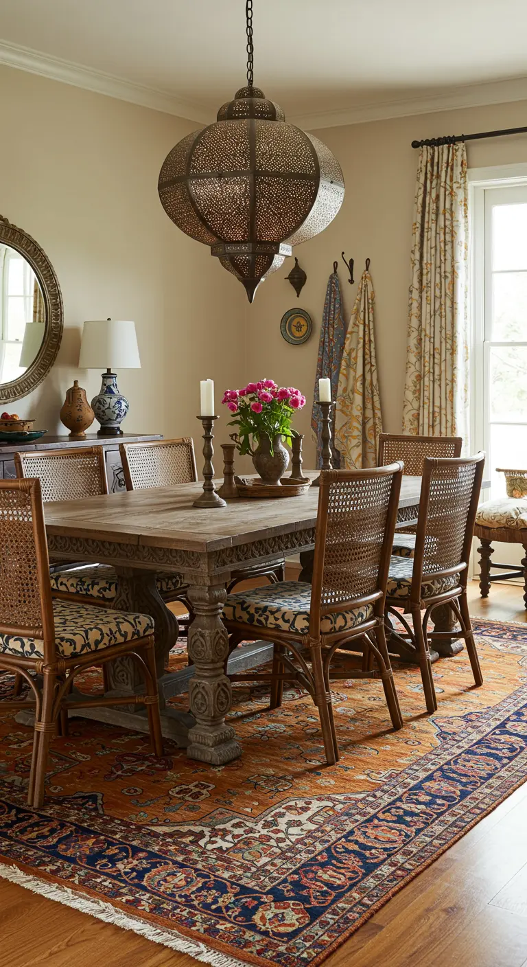 Comedor de inspiración marroquí con una gran lámpara de metal calado y mesa de madera tallada