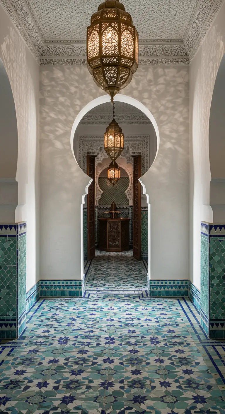 Pasillo de inspiración marroquí con arcos, azulejos zellige y lámparas de metal calado.